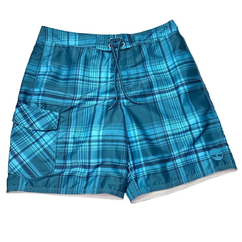 Timberland Swim Shorts Mens 36 Blue Teal Plaid Chino Cargo Trunks Men Swimsuit
